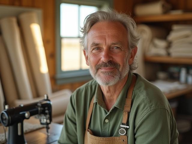 Portrait of Hank A. Albers, founder of HANK A ALBERS, in their sunlit Bismarck studio, surrounded by natural fabrics and sewing tools.