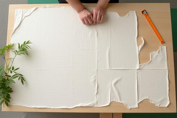 Hands carefully cutting a zero-waste pattern from a large piece of linen fabric on a cutting table, emphasizing mindful production.