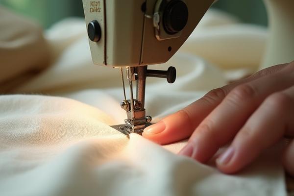 Close-up of a vintage sewing machine in action, with natural linen fabric being stitched by skilled hands in the HANK A ALBERS studio.