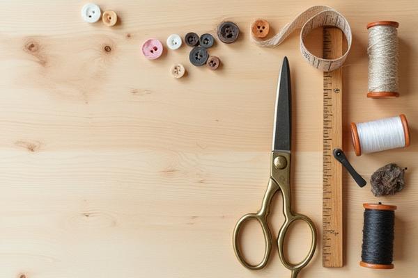 Arrangement of sewing tools – scissors, measuring tape, thimble, buttons made from natural materials – on a wooden work surface.