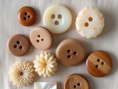 Collection of natural buttons made from wood and corozo nut on a linen cloth