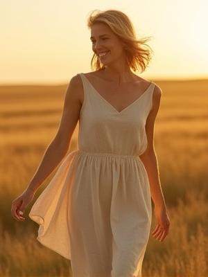 Model wearing a simple, elegant knee-length linen dress in natural beige, with a small '100% Biodegradable' badge