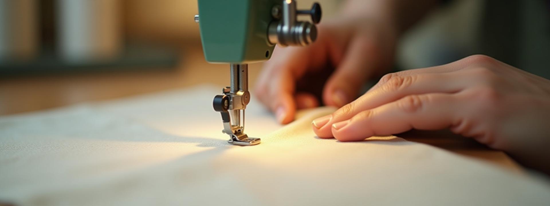 Close-up of hands working at a sewing machine, stitching natural fabric