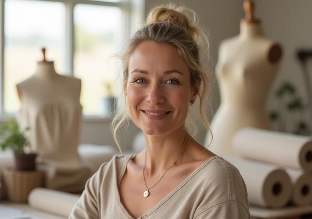 HANK A ALBERS, the founder, smiling warmly in her light-filled Bismarck studio, surrounded by fabrics and sewing tools.