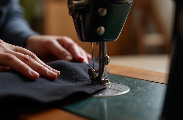 Artisan's hands carefully guiding fabric under a sewing machine needle, with natural light streaming in.