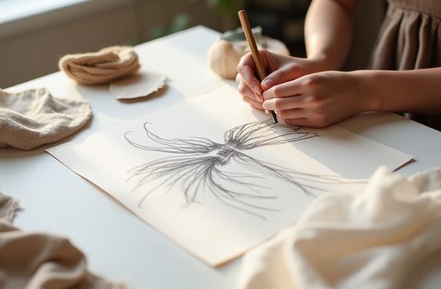 Illustration of a hand sketching a clothing design on paper, with sustainable fabric swatches around it.