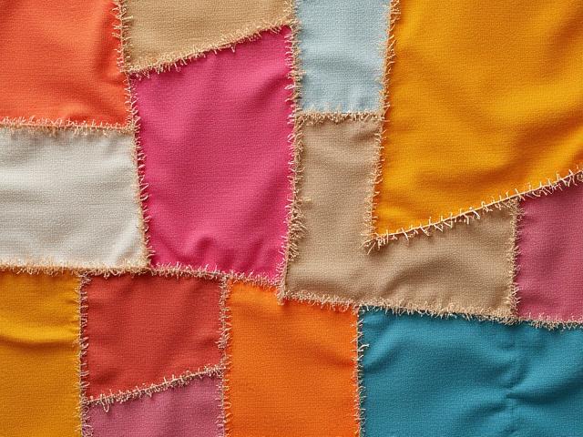 Close-up of a vibrant patchwork design, showcasing various fabric textures and stitch details.
