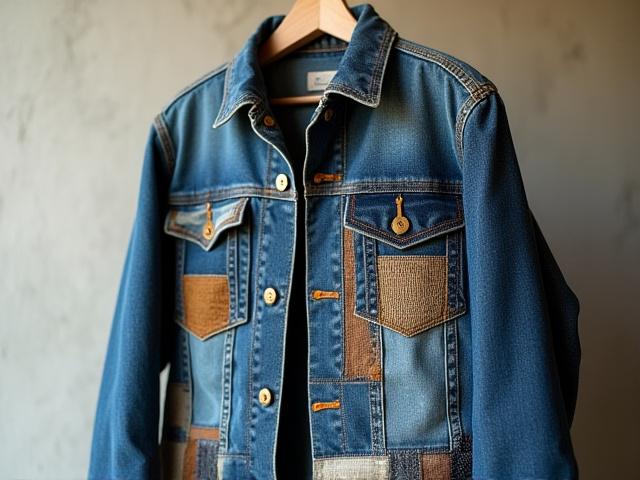 A unique, artfully upcycled denim jacket with patchwork details.
