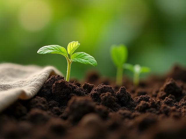 Sprout growing from rich, dark soil next to a piece of decaying natural fabric, symbolizing biodegradability