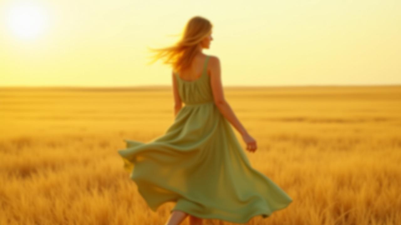 Model wearing a flowing linen dress against a backdrop of golden prairie fields in North Dakota