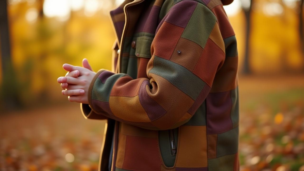 Person wearing a stylish patchwork jacket amidst autumn foliage in a North Dakota park