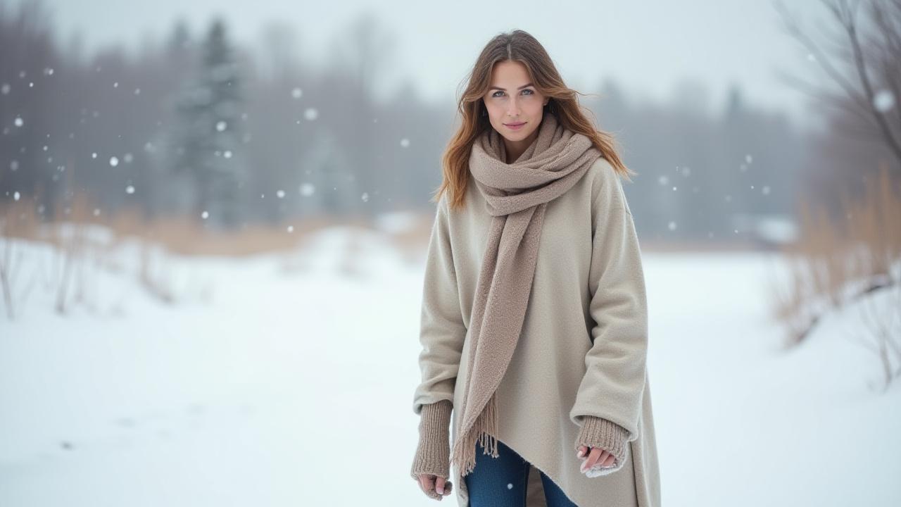Person in a cozy wool tunic, standing against a snowy North Dakota landscape