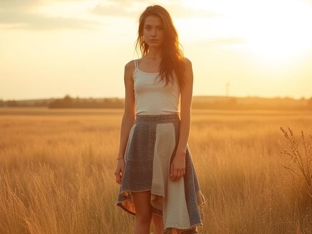 A 'Prairie' midi-skirt featuring a subtle, abstract patchwork pattern using earthy tones of hemp and recycled denim, modeled outdoors with native North Dakota grasses in the soft light.