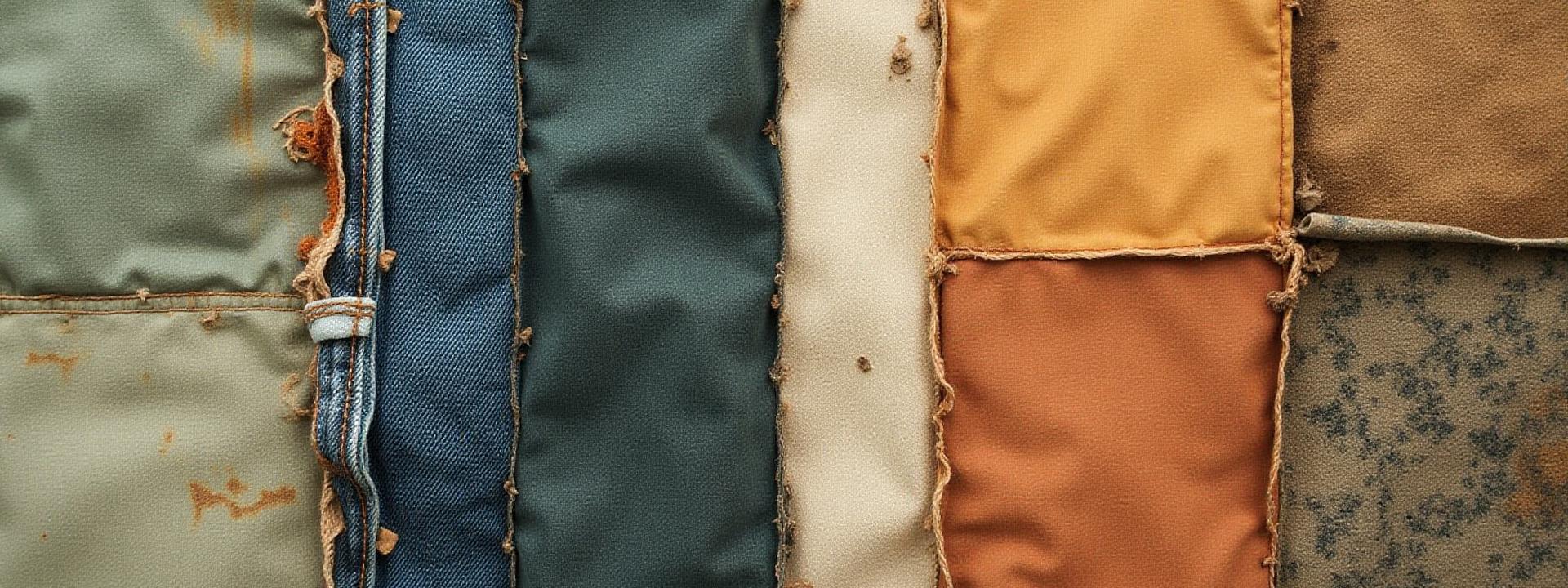 Creative collage of various upcycled fabric textures and patterns, symbolizing transformed textiles